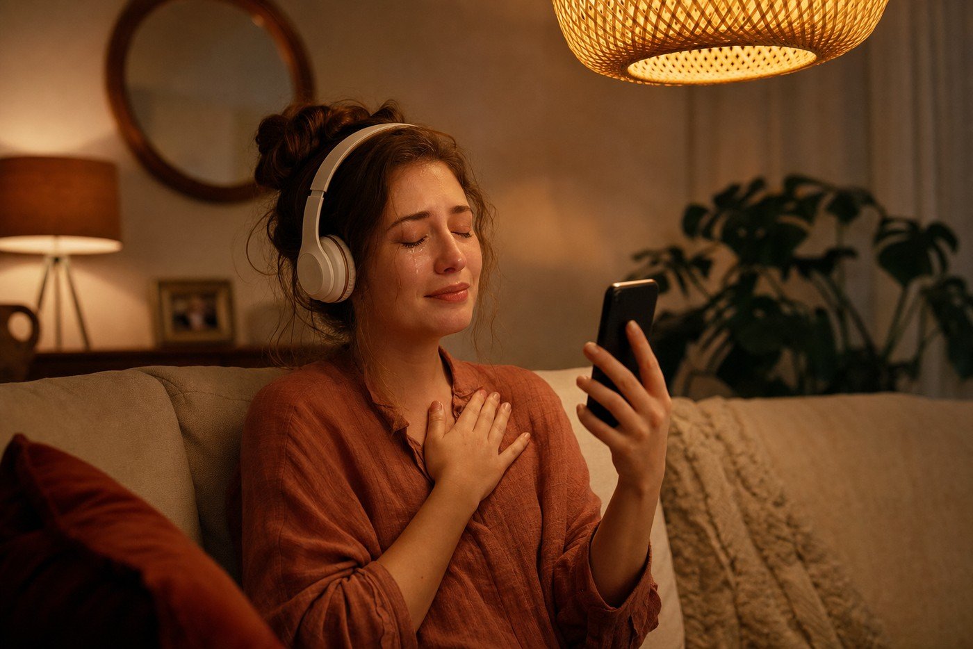 Una pareja emocionada escucha juntos una canción personalizada con auriculares